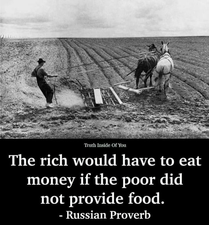 This meme is a black-and-white image of a farmer plowing a field with a horse-drawn plow, with a quote superimposed over it. The quote, in a plain font, reads: "The rich would have to eat the poor if the poor had a good lawyer." However, the actual quote in the meme is: "The rich would have to eat the poor if the poor had no money."